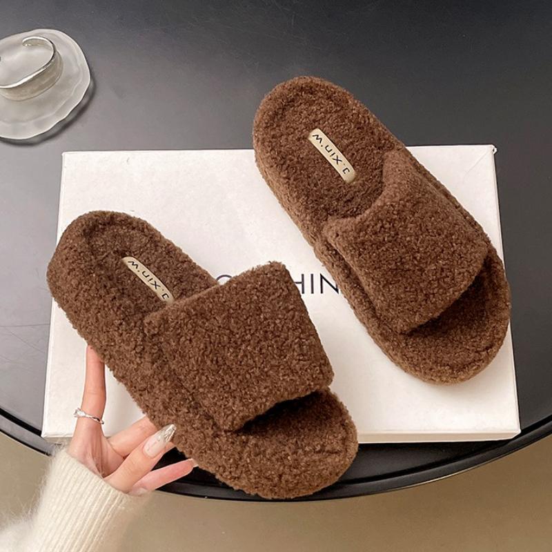 

Fashion Women Fur Slippers Casual Flats Shoes Fashion Short Plush Suede Flip Flops 2025 Winter Cozy Slingback Woman Slides Zapatos Mujer 40 коричневый