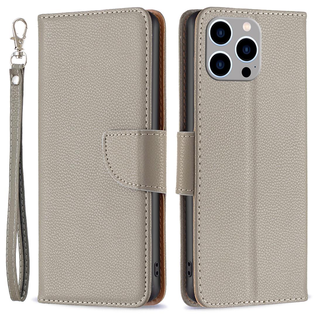 

Для iPhone 15 Pro Max Гаманець Чохол з ПУ шкіри Текстура лічі Підставка Протиударний Чохол для телефону з ремінцем Grey