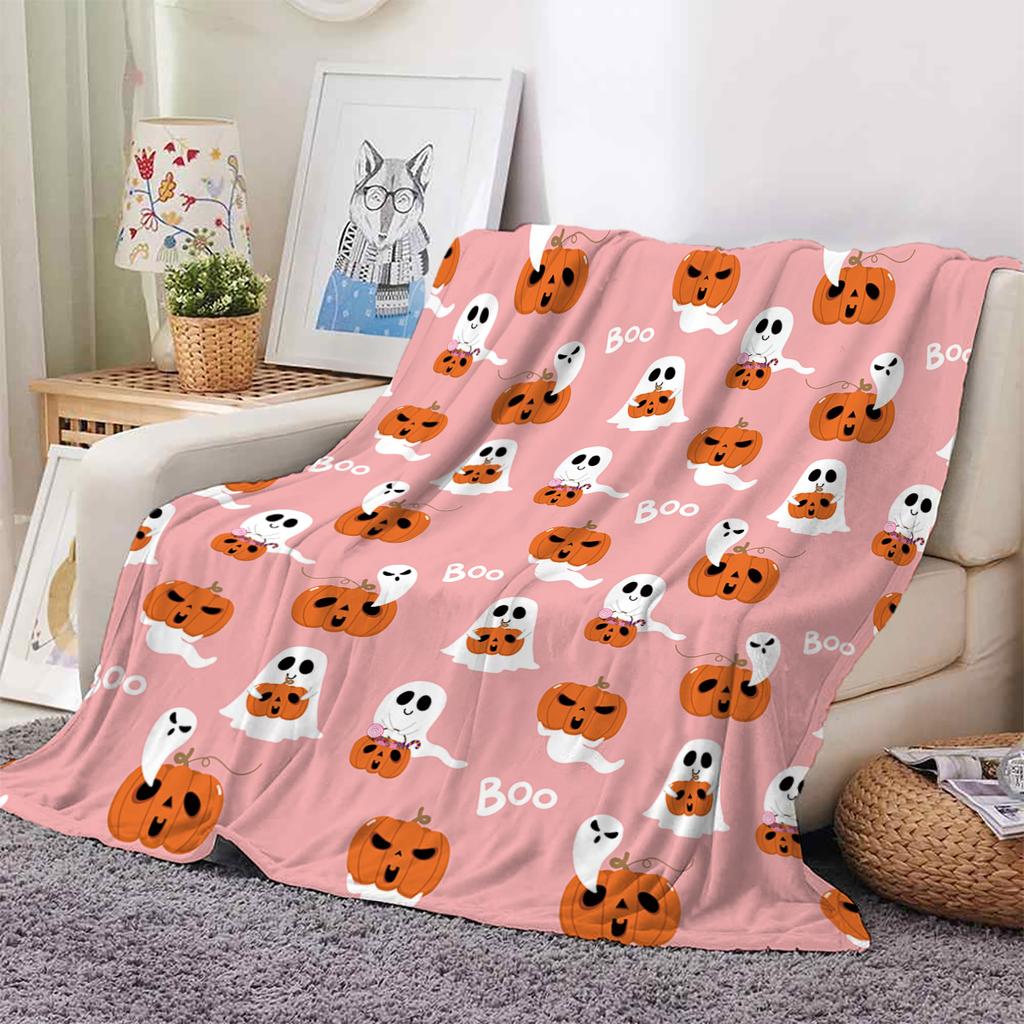 1 coperta in flanella a tema Halloween con motivo di fantasmi e zucche stampato, divertente coperta per divano e stanza climatizzata