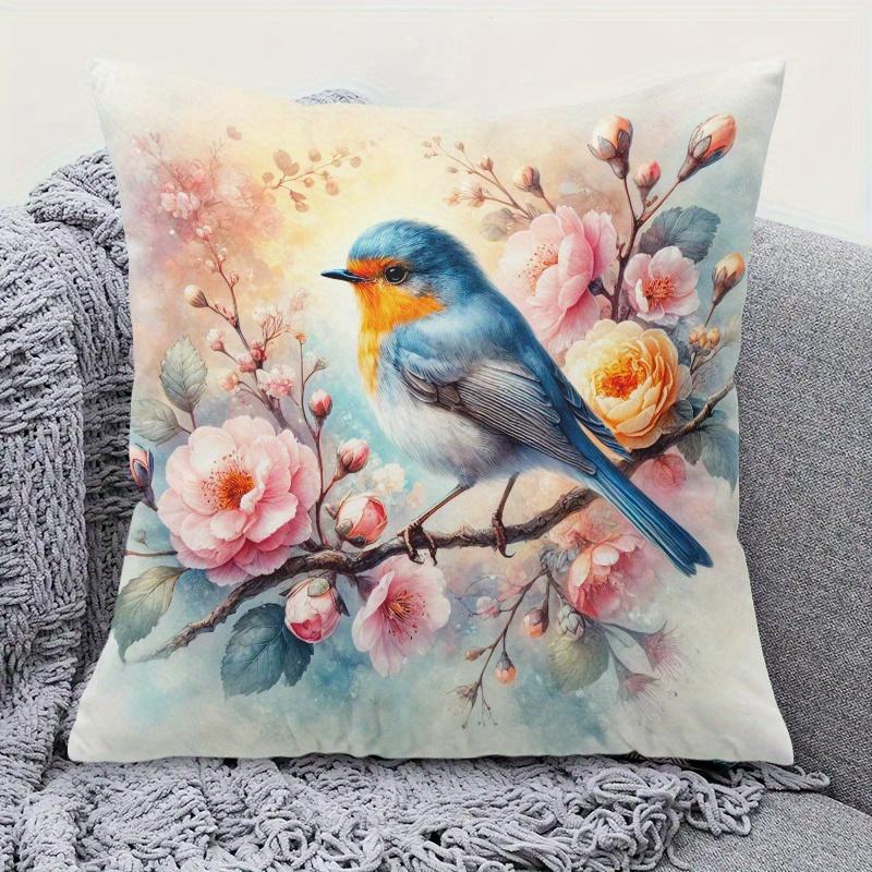 1Pc Spring Robin Bird & Floral Printed Throw Pillow Cover,Suitable For Sofa,Bedroom,Living Room,Easily Create A Fresh Atmosphere