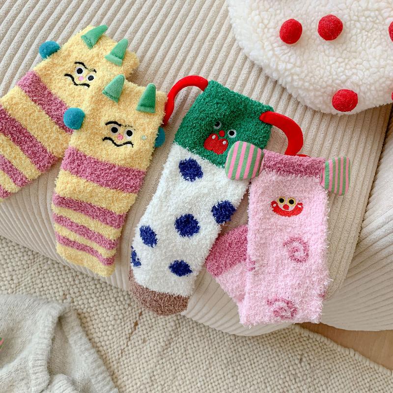 Cartoon Sausage Dog Coral Fleece Socks For Women Middle Tube Thickened Sleep Socks Home Floor Socks