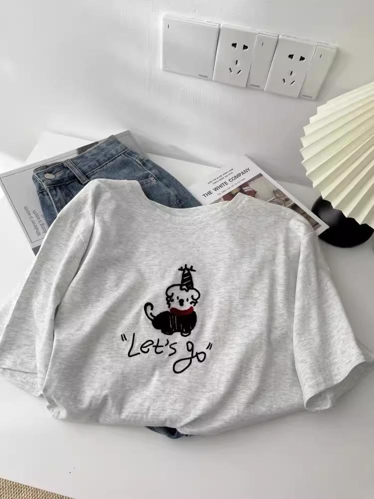 Korean Age-Reducing Red Scarf Puppy Embroidered Women's T-Shirt - Soft Cloud Cotton Brushed Short Sleeve Spring/Summer 2025