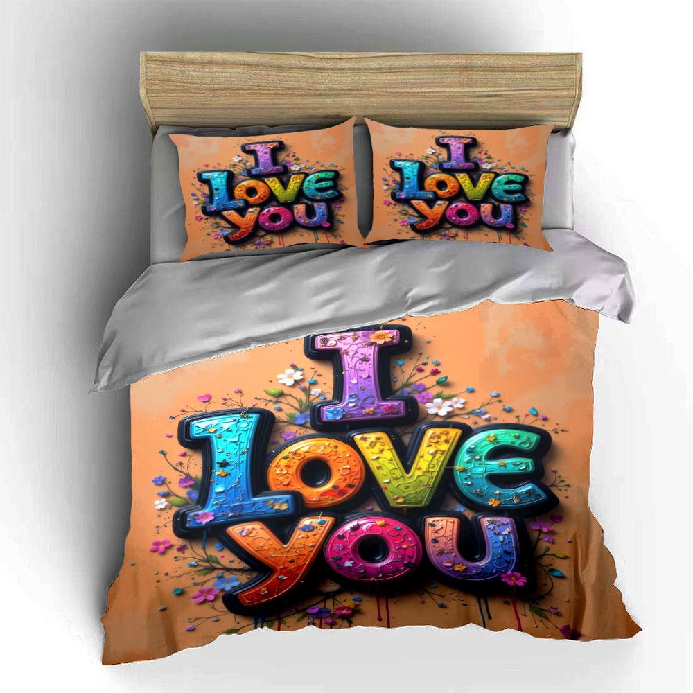 Colorful "I Love You" Decor Set Bedding Set with 1 Duvet Cover 2 Pillowcases Single Double King Queen Gift