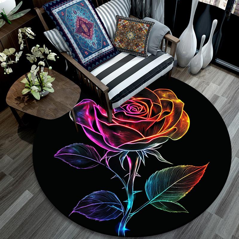 Rainbow Rose Round Area Rug,Carpet Rug for Living Room Bedroom Sofa Playroom Decor,Non-slip Floor Mat