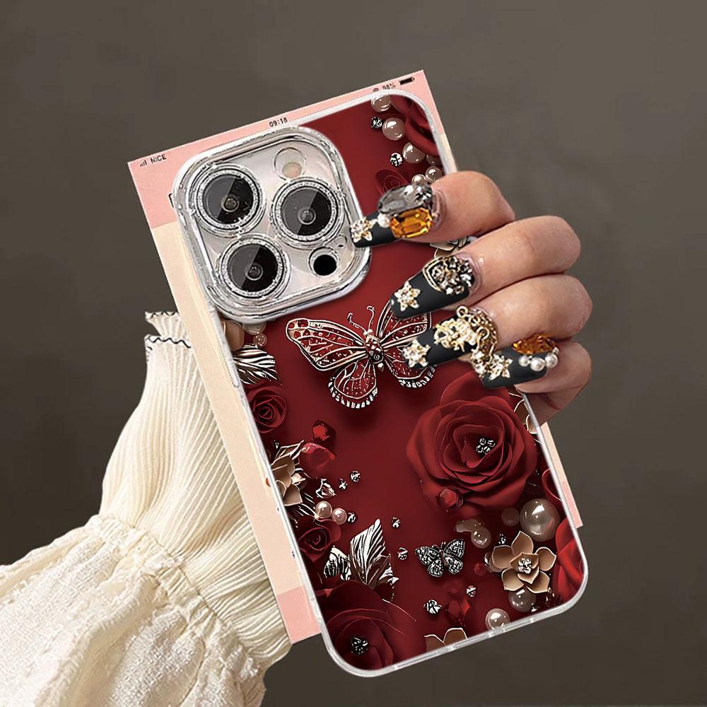 Beautiful Butterfly Flower Glacier Texture Case For iPhone 17 Air 16 15 14 13 12 11 Pro Max Plus With Glass Lens Protector Cover