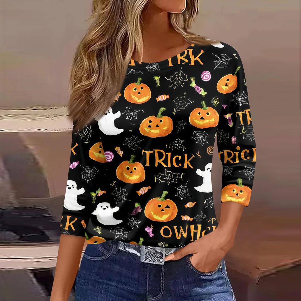 Women's 3/4 Sleeve Loose Fit Casual Shirt Round Neck Pullover Top Halloween Print Graphic T-Shirt for Everyday Wear