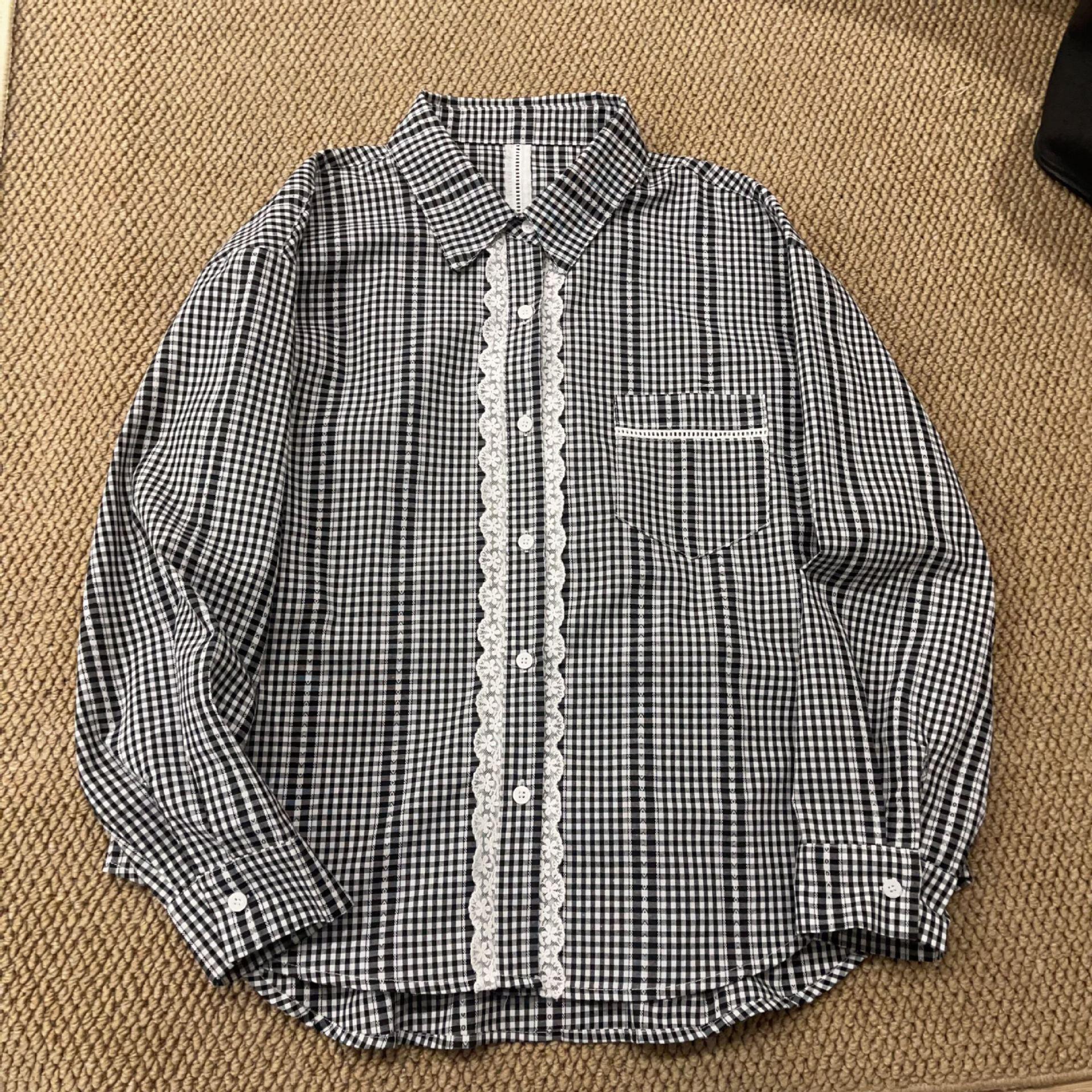 Spring Collection: Casual Korean-Style Lace Patchwork Plaid Long-Sleeve Shirt One Size чёрный/белый