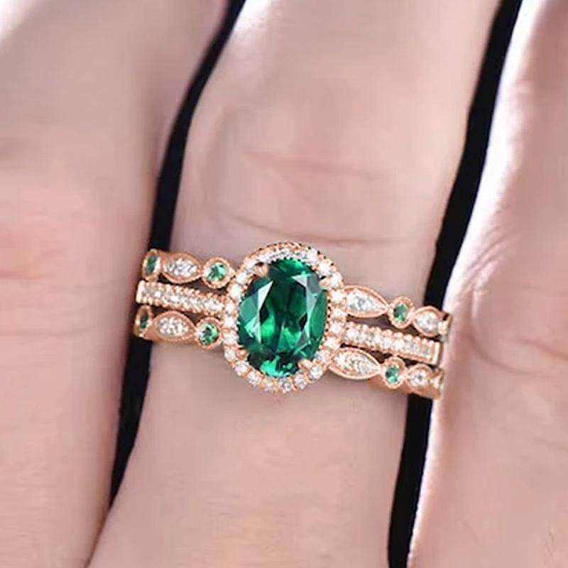 Huitan Luxury Bright Green Zirconia Ring Female 3Pcs Set Finger Accessories for Anniversary Party Gorgeous Zircon for Party