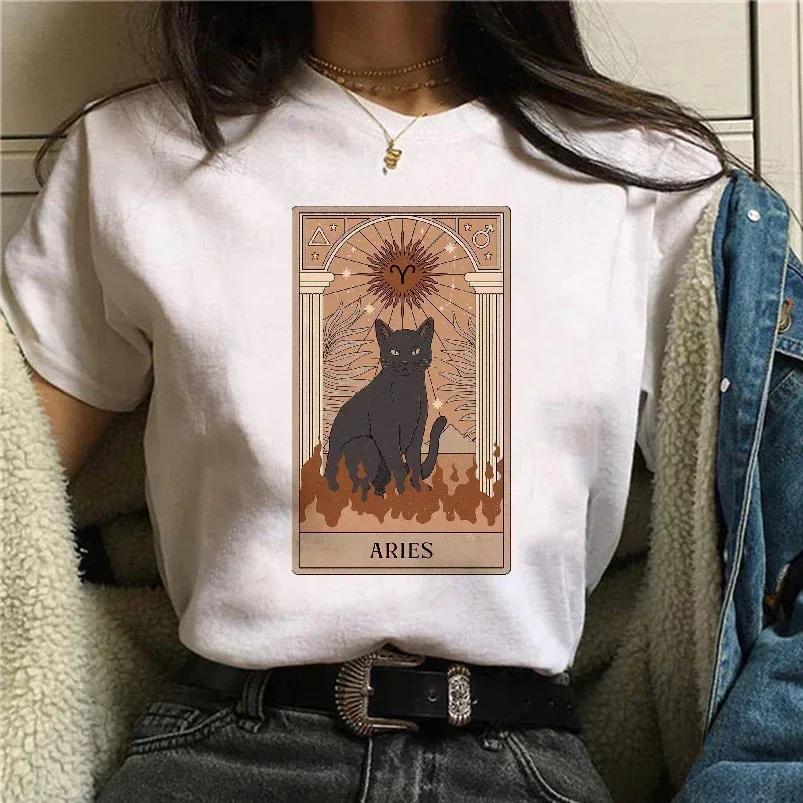 Fashion Tarot Cats Print T Shirt Women Short Sleeve O-neck Femme T-shirt Casual Summer Tee Tops for Women Clothes New