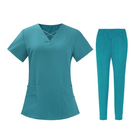 2 stk/sett Unisex sykehusuniformsett V-hals kortermede lommer Topper Elastiske midjebuksesett Hurtigtørkende sykehus tannpleie scrubs uniformer