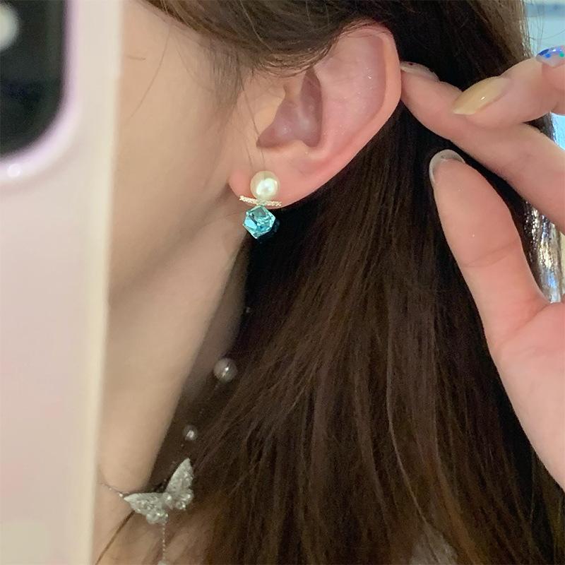 Zircon pearl square stud earrings light luxury temperament earrings niche high-end earrings women