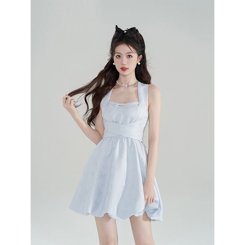 

Stylish Niche Style Pure Color Strap Dress Women s Summer 2024 New Arrival Open Back Princess Pettiskirt Bud Long & Short Skirt Blue Princess Bud Skirt XL