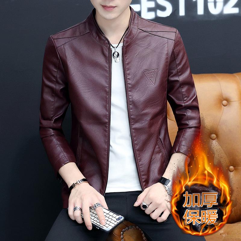 Hot Sale Autumn and Winter New Men's Inverted Triangle Casual Fashion Stand-Up Collar Fleece Leather Jacket Thickened Jacket