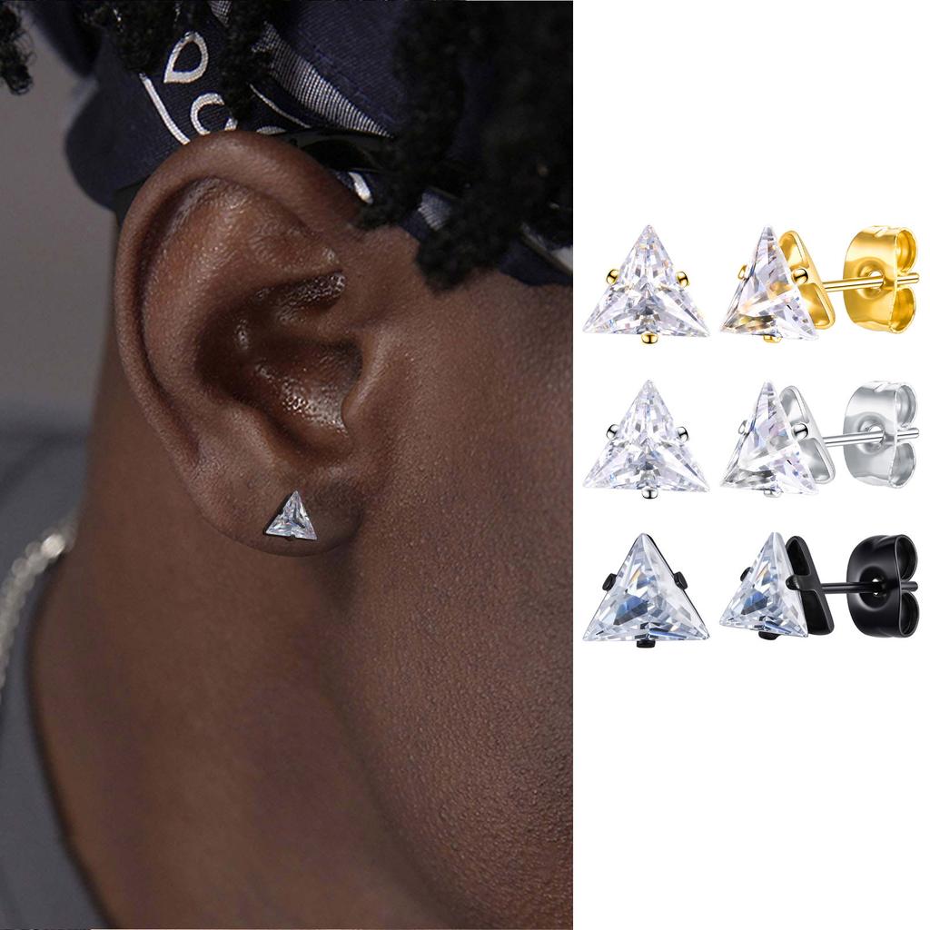AAA CZ Stone Stud Earrings for Men Boys,Small Triangle Metal Earrings with Stainless Steel Butterfly Buckle,Casual Jewelry Gifts