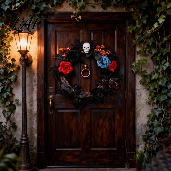 Outdoor Courtyard Holiday Ornament Gothic Black White Blue Rose Twig Wreath 15 Inch Halloween Skull Wreath Garland for Wall with Twisted Branches And