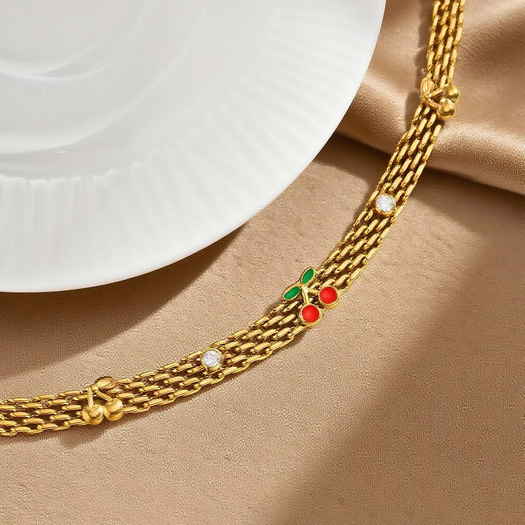 Cute Cherry White Zircon Bracelet for Women,18K Gold Plated Mesh Strap Chain Bracelets,Fashion Daily Jewelry Gifts