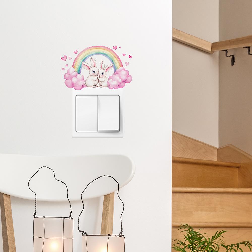 Cartoon Couple Rabbit Rainbow Bedroom Living Room Switch Background Beautification Wall Stickers
