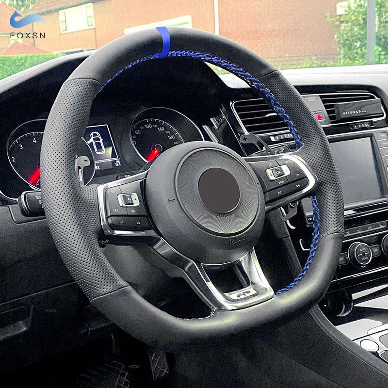 

Для VW Golf 7 GTI Golf R MK7 Passat B8 Polo Scirocco 2015 2016 Автомобильный Накладка на рулевое колесо Черная Кожа синяя линия синяя