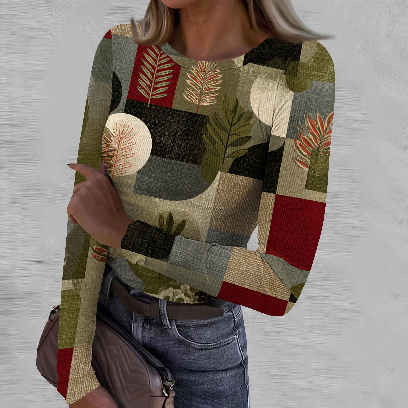 Women s Casual Fashion Round Neck Retro Print Long Sleeve Ribbed Top L