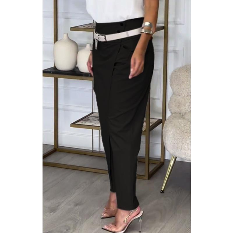 

Осенние асимметричные брюки с высокой талией для женщин, модные шикарные брюки прямого кроя с поясом, повседневные уличные брюки для леди XXXL чёрный