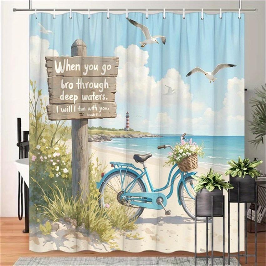 

Шторка для душа в пляжной тематике с библейским стихом - Синий велосипед и маяк, Полиэстер, Спокойный океан и вдохновляющий декор для ванной комнаты W90XH180cm