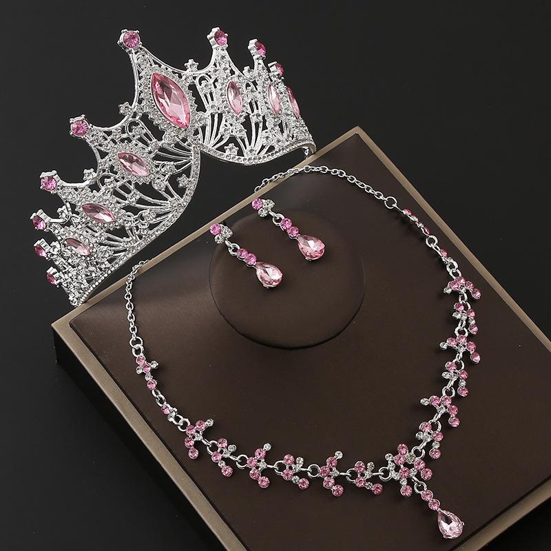 

Bridal Crown Alloy Rhinestone Headband Wedding Birthday Crown Tiara Necklace Earrings Three Piece Set Color