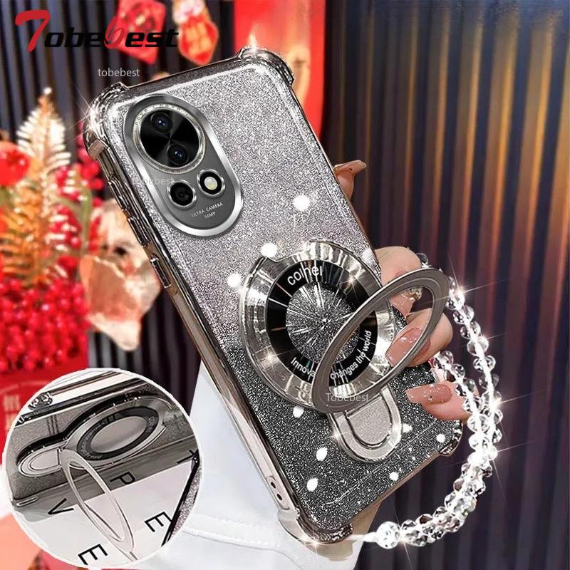 

Противоударный чехол с блестящим покрытием для Huawei NOVA 13 12 11 Ultra 10 9 8 7 SE Pro Fundas Магнитный держатель Браслет Чехол Nova 13 серебряный