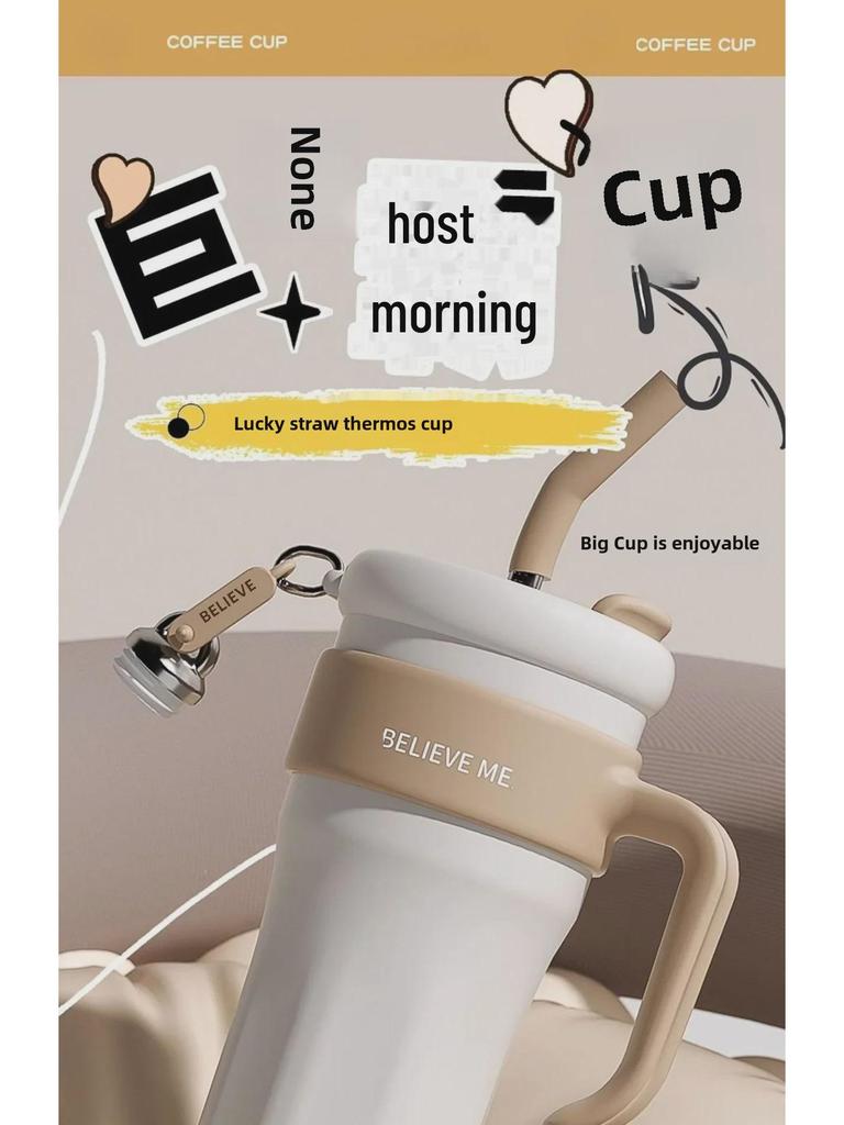 Women's Large-Capacity Stainless Steel Thermos with Handle and Straw