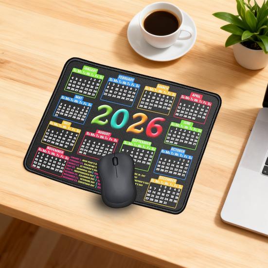 2026 Kalender Mauspad mit rutschfester Gummiunterlage, genähtem Rand, rechteckig, wasserdicht, für Zuhause, Büro, Gaming, Computer, Laptop, Mauspad, Schreibtischunterlage