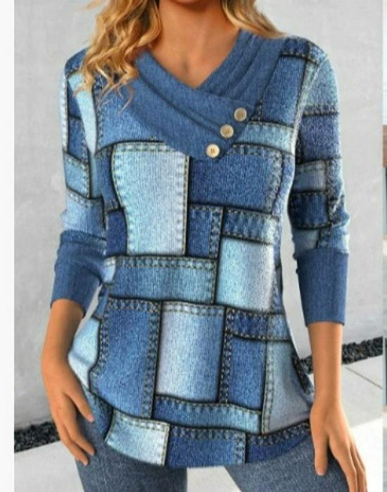 Autumn/Winter European & American V-neck Pullover Women's Long Sleeve Printed T-shirt