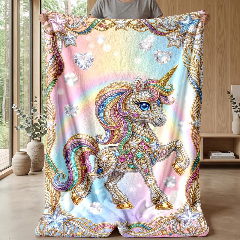 Jeweled Unicorn with Stars Theme Blanket Lightweight Warm Flannel Blanket Decorative Throw Blanket for Home Decoration