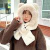 Cartoon 2 in 1 Plush Scarf Solid Color Winter Neckerchief Fashion Bear Ear Hat  Ski