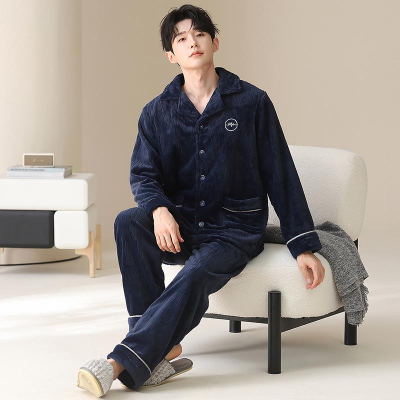 Coral fleece pajamas men's winter thickened fleece simple flannel warm can be worn outside autumn and winter loungewear suit