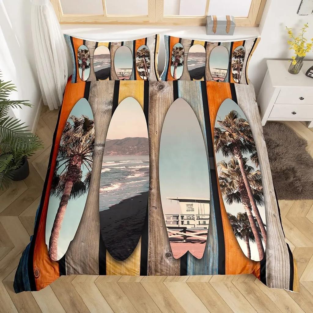 Surf Duvet Cover Set Retro Posters Group Summer Vacation Theme Water Sports California Beach Surfboard Wood Board Bedding Sets
