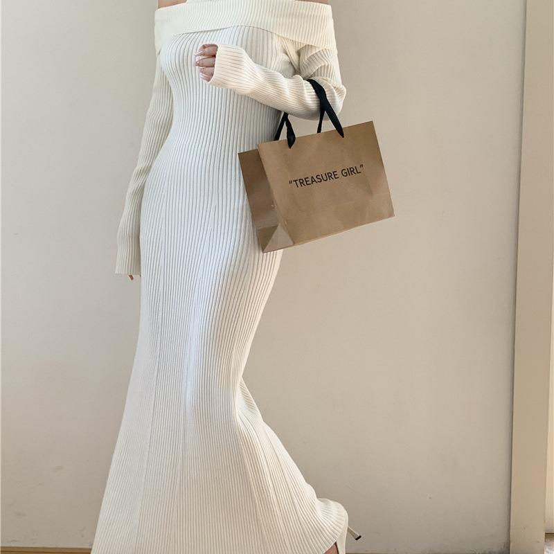 Knit Autumn and Winter Off-shoulder Fake Two One-shoulder Slim-fit Knitted Fishtail Dress