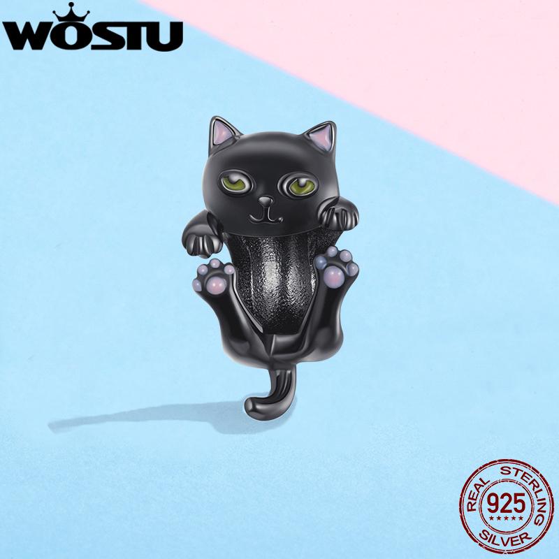 WOSTU 100% 925 Silver Cute Kitty Black Cat Charms Animal Bead for Women Fit DIY Bracelet Necklace Jewelry Gift