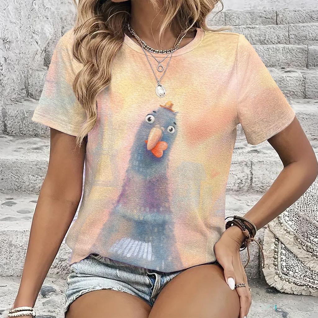 Summer Round Neck Cartoon Animal Pattern 3D Print Top Fashionable Casual Short Sleeved Women's T-shirts