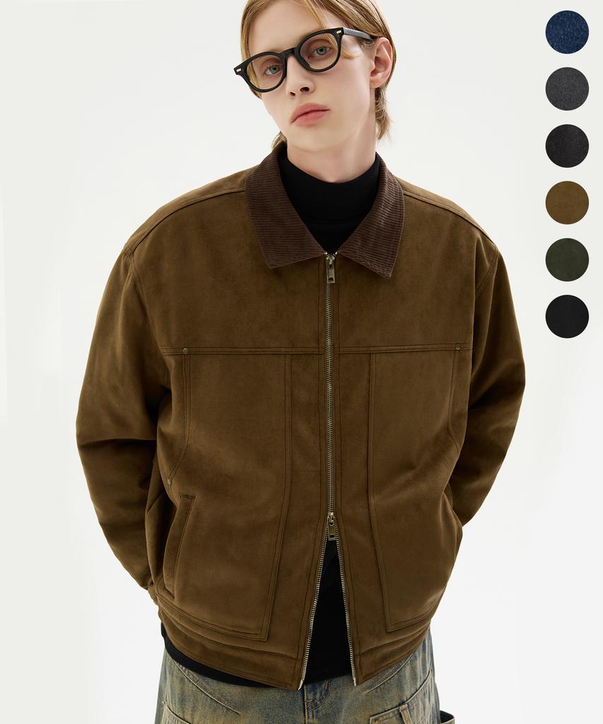TRILLION Corduroy Collar Denim Zip-Up Work Jacket_6 Colors