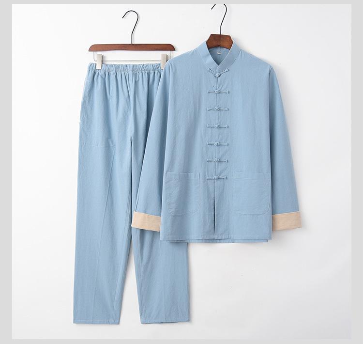 Men's Retro Embroidered Tang Suit Set - Cotton & Linen Long Sleeves for Spring/Autumn Zen Meditation