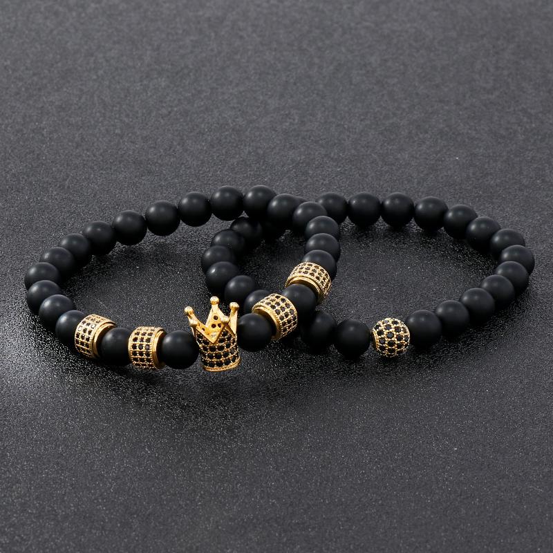 Luxury Natural Black Stone Crown Ball Charm Man Bracelet Women Beaded Bracelets Jewelry Valentines Day Gift