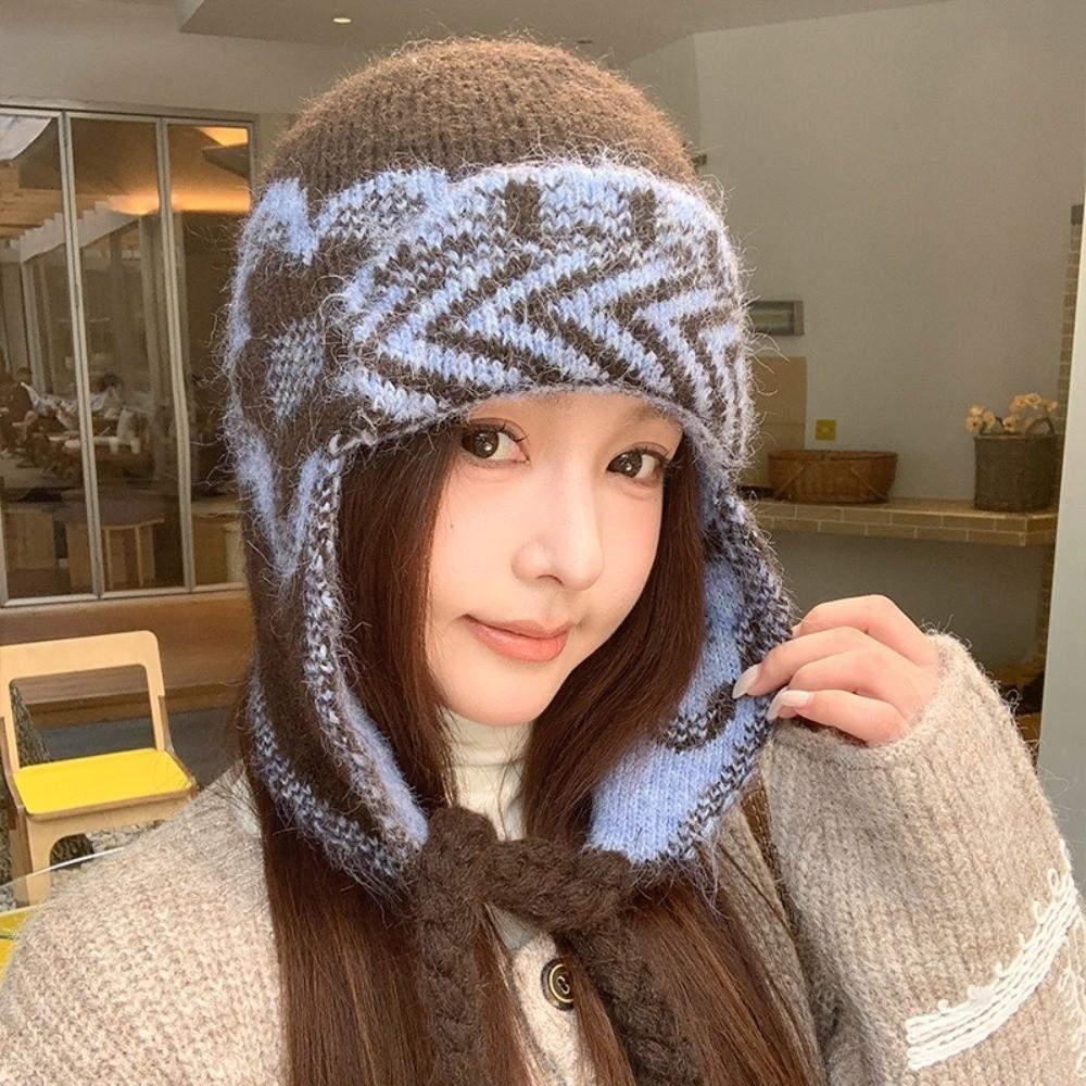 56cm To 58cm Ear Flap Hat Fair Isle Pattern Acrylic Wool Blend Hat Winter Knitted Hat Outdoor Wear