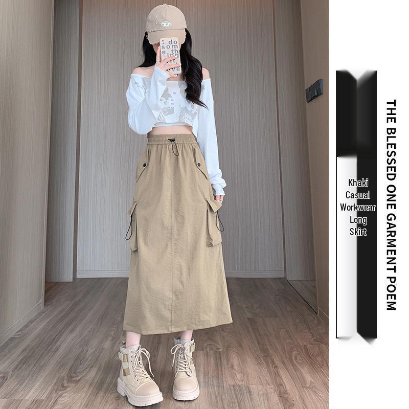 Women's High Waist A-Line Midi Skirt - Retro Workwear with Slit & Drawstring for Petite Figures, Spring & Autumn.