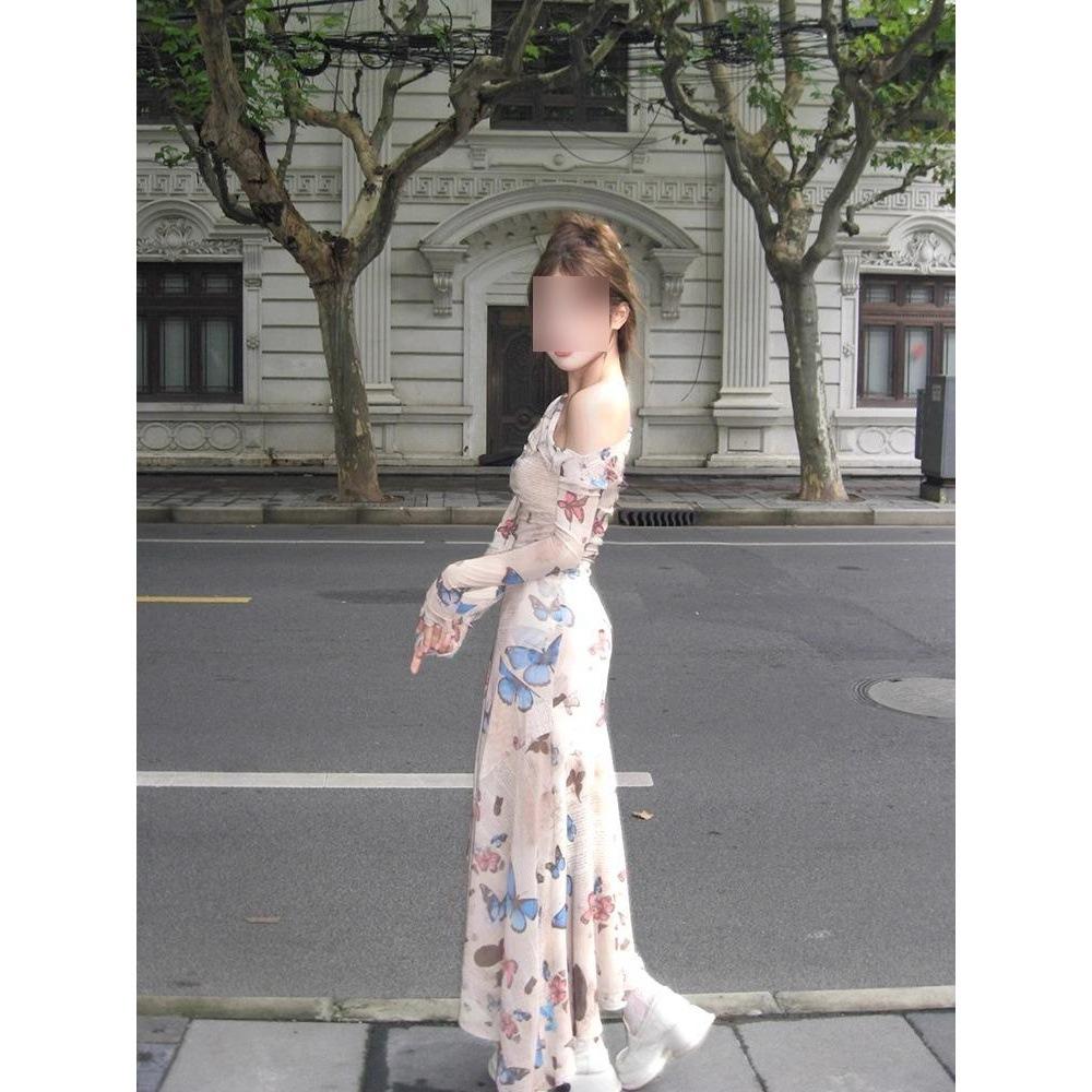 Retro super good-looking dress butterfly print slim-fitting hip-wrapped versatile long skirt spring and summer