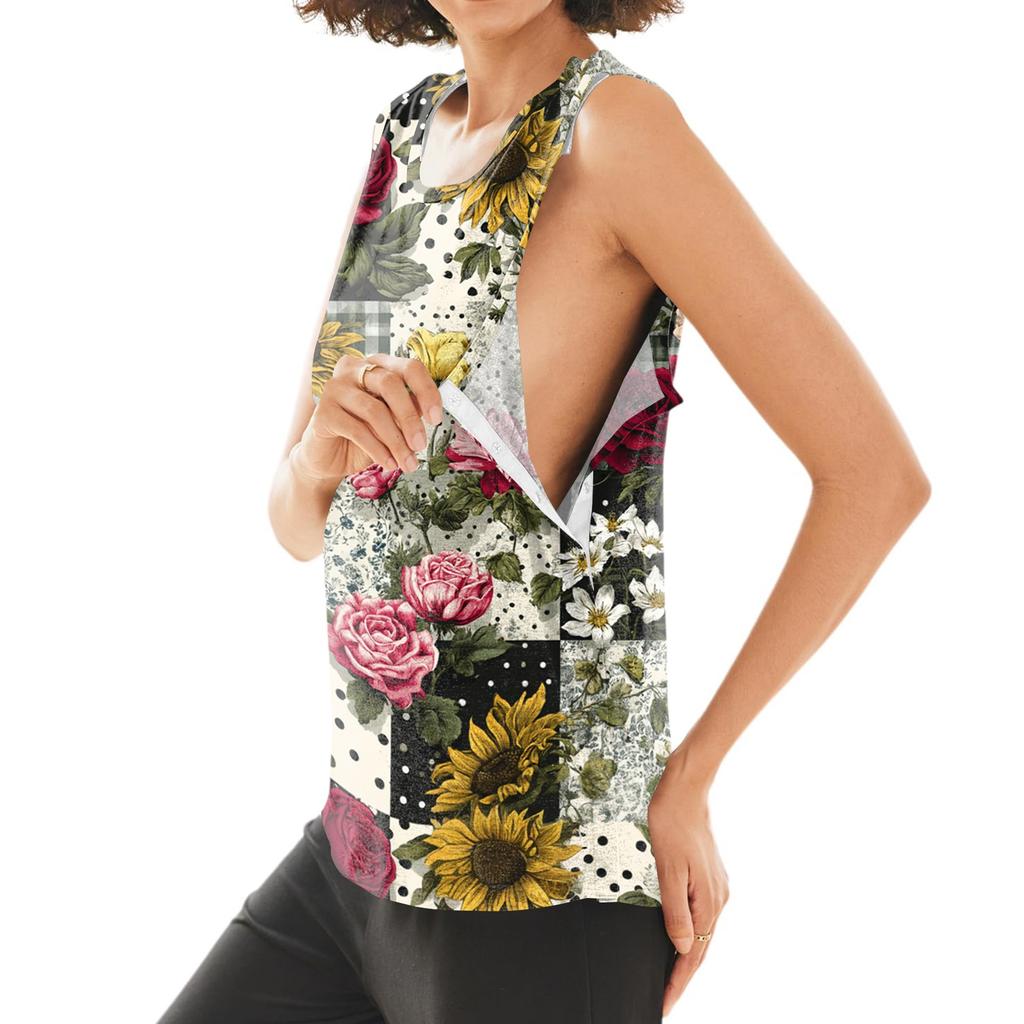 Women Post Shoulder Surgery Shirt Sleeveless Floral Print Top One Shoulder Snap Button Opening Medical Recovery Blouse