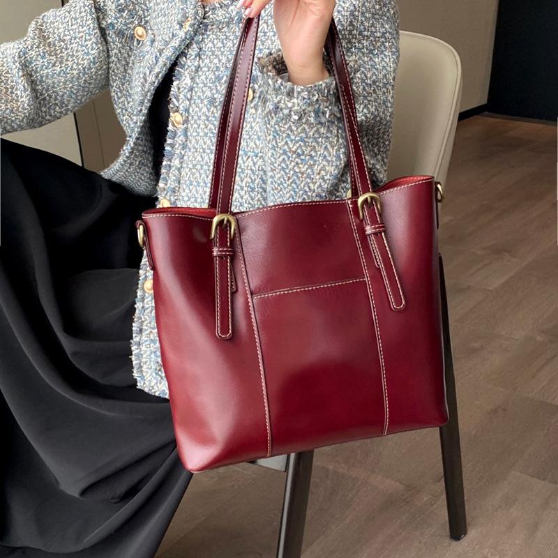 Top layer oil wax cowhide large-capacity design tote bag genuine leather fashion shoulder bag