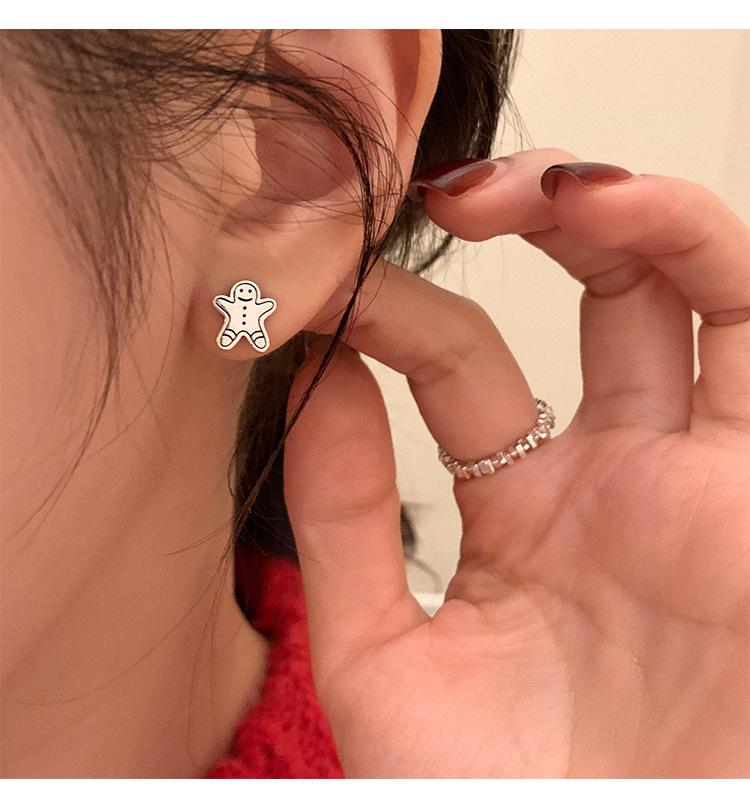 S925 Silver Cute Gingerbread Man & Bear Stud Earrings - Versatile Christmas Gift for Women