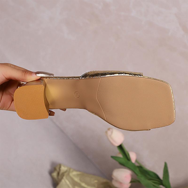 Fashion Plus Size Luxury High Heels Sandals Women Gold Pu Leather Square Toe Party Slippers Summer Comfort Non Slip Square Heels Sandals