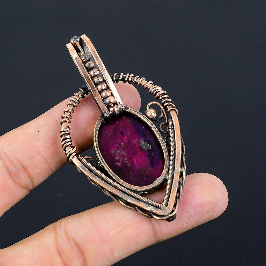 Pink Flash Labradorite Gemstone Handmade Jewelry Pure Copper Wire Wrapped Pendant