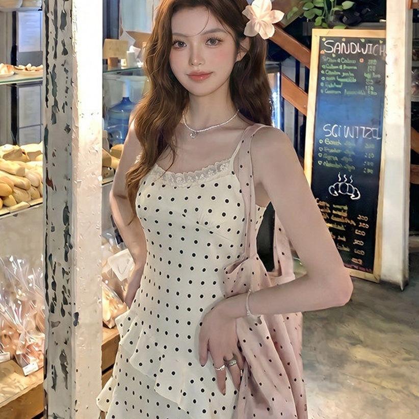 Holiday style French polka dot suspender dress women's summer lotus leaf edge super fairy skirt slim waist word long dress