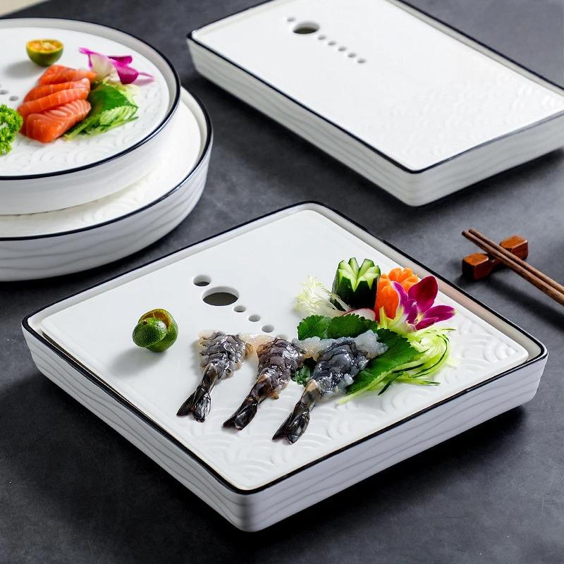 Kreativer Trockeneis-Rauchbehälter Keramik Kalte Platten Tablett Sashimi Trockeneisplatte Geschirr Sushi-Pfanne Charakteristisches Hotelgeschirr